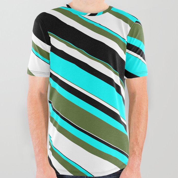 Cyan, Dark Olive Green, White, and Black Colored Lined/Striped Pattern All Over Graphic Tee