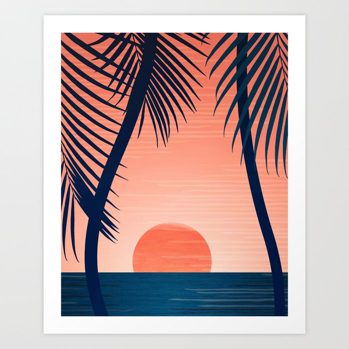 Sunset Palms - Peach Navy Palette Art Print