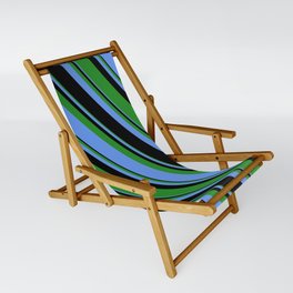 [ Thumbnail: Forest Green, Cornflower Blue & Black Colored Lines Pattern Sling Chair ]