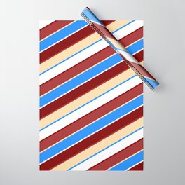 [ Thumbnail: Maroon, Brown, Tan, Blue & White Colored Striped Pattern Wrapping Paper ]