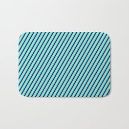 [ Thumbnail: Tan, Turquoise, Green, and Blue Colored Lined Pattern Bath Mat ]