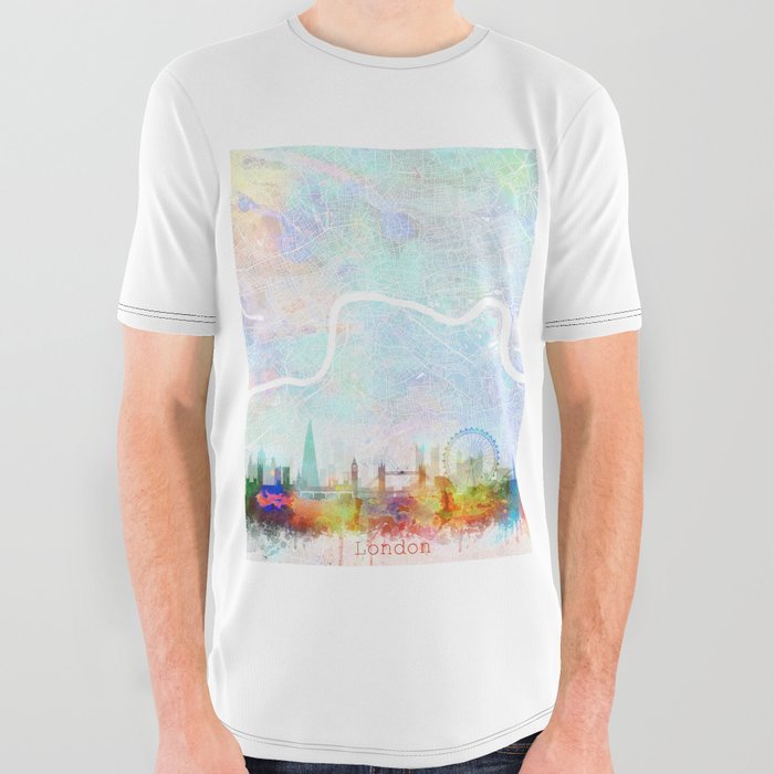 London Skyline Map Watercolor, Print by Zouzounio Art All Over Graphic Tee