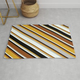 [ Thumbnail: Eyecatching Goldenrod, Grey, Mint Cream, Black, and Brown Colored Stripes Pattern Rug ]