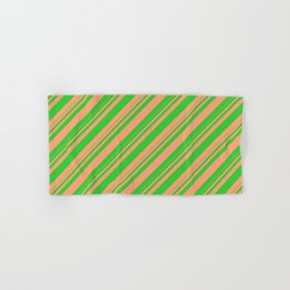[ Thumbnail: Lime Green & Light Salmon Colored Striped/Lined Pattern Hand & Bath Towel ]