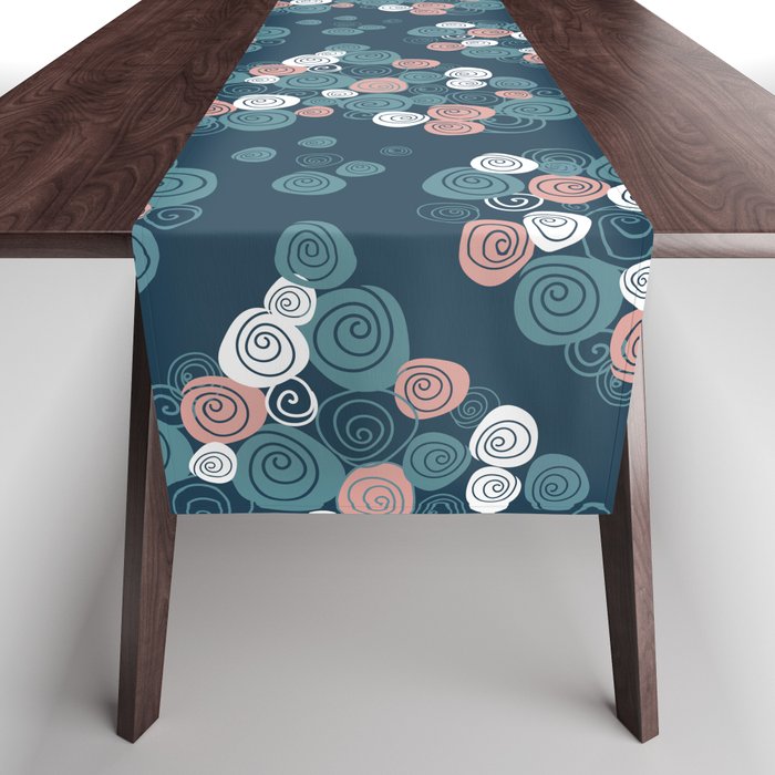 Rose hearts blue pastel pink and white on dark blue background Table Runner