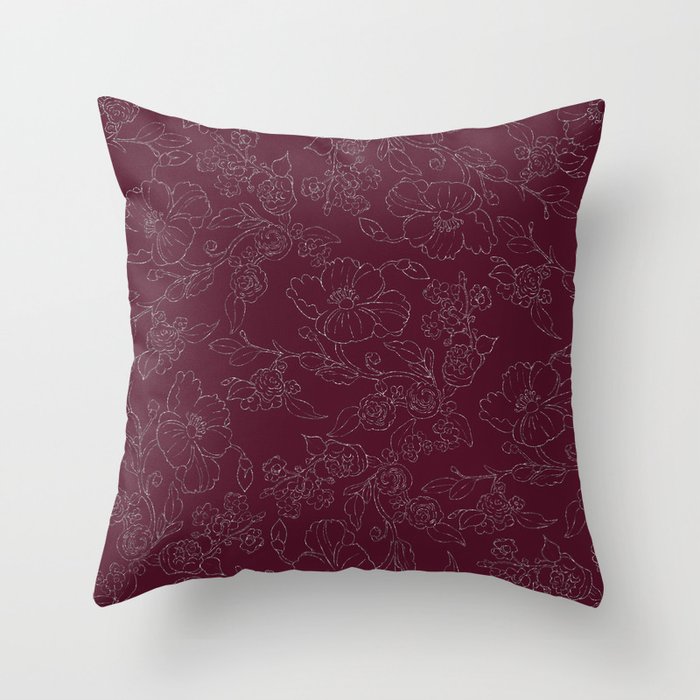 Chic burgundy silver glitter elegant flowers pattern Throw Pillow