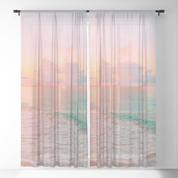 Beautiful: Aqua, Turquoise, Pink, Sunset Relaxing, Peaceful, Coastal Seashore Sheer Curtain