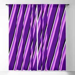 [ Thumbnail: Eyecatching Dark Orchid, Violet, Indigo, Black & White Colored Stripes/Lines Pattern Blackout Curtain ]