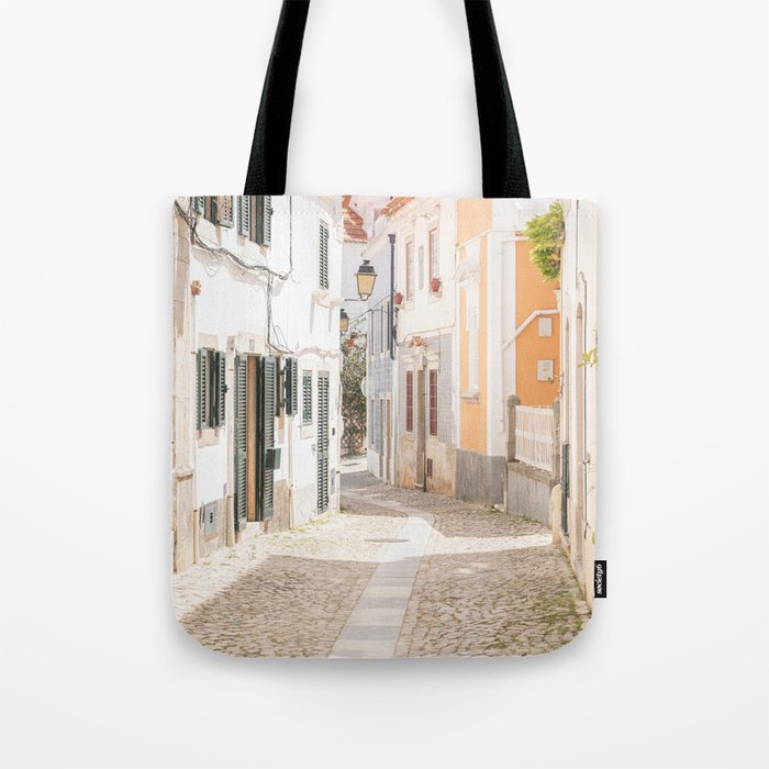 Street in Cascais Photo | Portugal Travel Photography Art Print | White and Tiled Village Houses Tote Bag