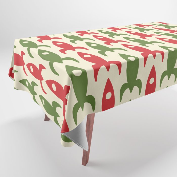 Retro Rockets in Christmas Colors - Midcentury Modern Atomic Era Space Age Pattern in 1950s Green, Xmas Red, and Cream Tablecloth