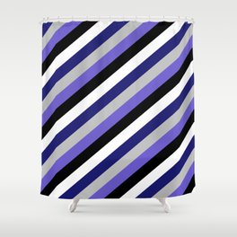 [ Thumbnail: Eyecatching White, Midnight Blue, Grey, Slate Blue, and Black Colored Lined/Striped Pattern Shower Curtain ]