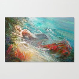 Mermaid sunbathing on the beach fantasy Canvas Print