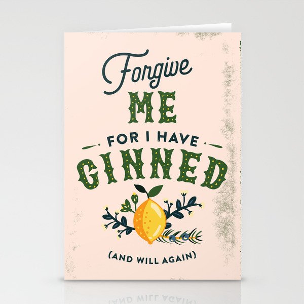 "Forgive Me For I Have Ginned" Cute & Funny Lemon Botanical Gin Art  Stationery Cards