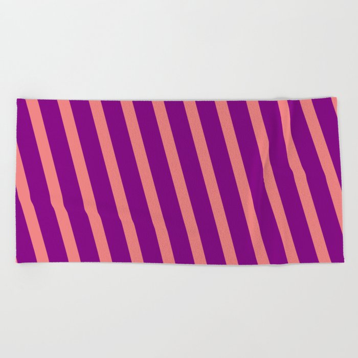 Light Coral and Purple Colored Lined Pattern Beach Towel