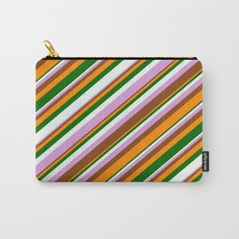 [ Thumbnail: Eyecatching Plum, Brown, Dark Orange, Dark Green & Mint Cream Colored Lined/Striped Pattern Carry-All Pouch ]