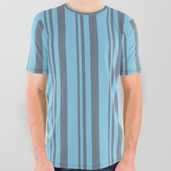 Slate Gray & Sky Blue Colored Stripes/Lines Pattern All Over Graphic Tee