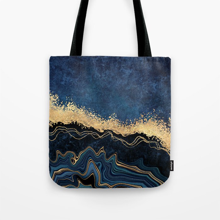 Deep Cerulean + Gold Abstract Shoreline Waves Tote Bag