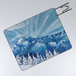 Snowy Mount Rainier, winter USA landscape, snowy mountains by Luna Smith, LuArt Gallery Picnic Blanket