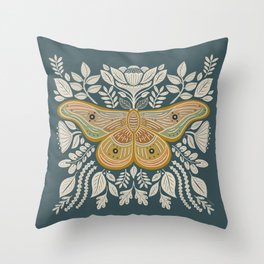 Moth Floral | Gold, Blue-Green Throw Pillow