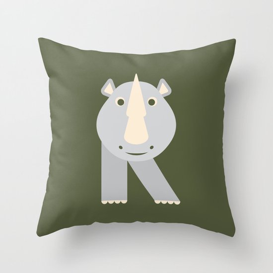 Letter R // Animal Alphabet // Rhino Monogram Throw Pillow