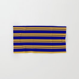 [ Thumbnail: Goldenrod & Blue Colored Striped/Lined Pattern Hand & Bath Towel ]