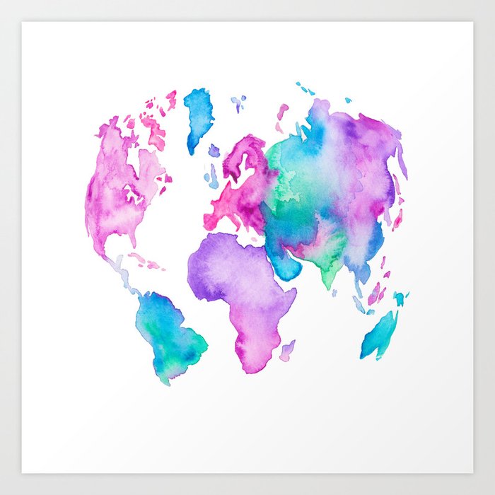 Modern world map globe bright watercolor paint Art Print
