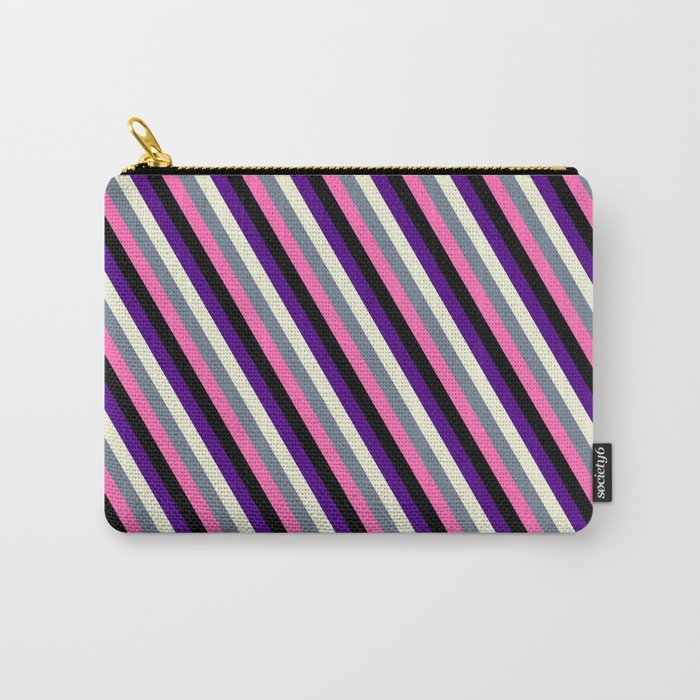 Vibrant Indigo, Beige, Slate Gray, Hot Pink, and Black Colored Striped/Lined Pattern Carry-All Pouch