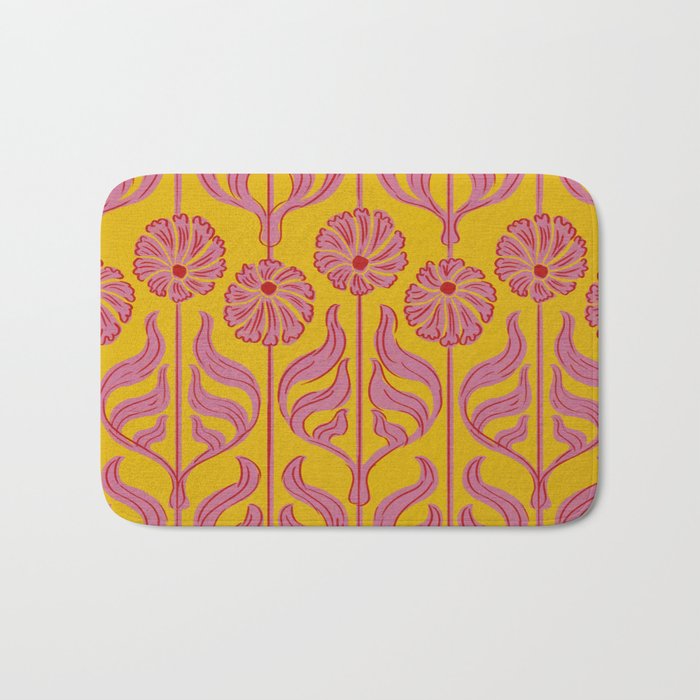 Art Deco Chic: Pink Flowers on Mustard Yellow Bath Mat