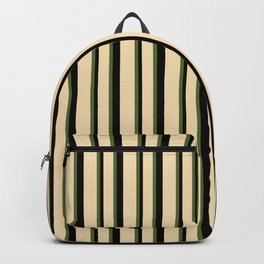 [ Thumbnail: Dark Olive Green, Tan & Black Colored Striped Pattern Backpack ]