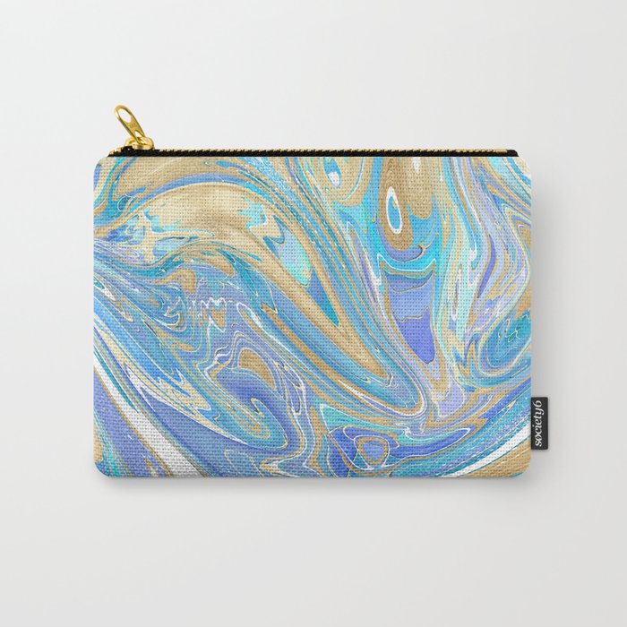 Pearlescent Aqua & Gold Liquid Marble Carry-All Pouch
