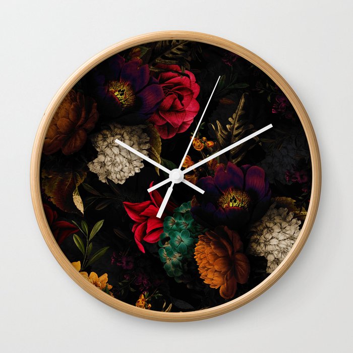 Midnight Hours Dark Vintage Flowers Garden Wall Clock