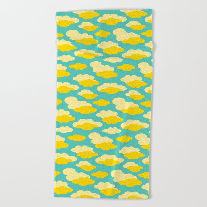 DAYDREAM FLUFFY YELLOW AND CREAM CLOUDS IN A TURQUOISE SKY Beach Towel