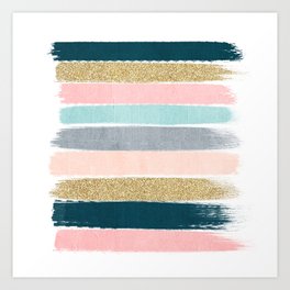 Zara - minimal gold navy pink pastel stripes painterly boho decor trendy gifts Art Print