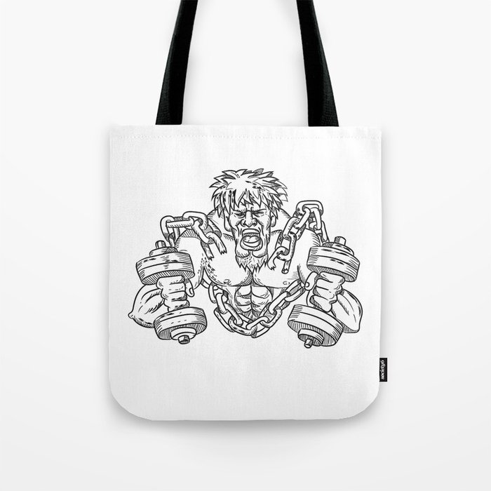 Buffed Athlete Dumbbells Breaking Free From Chains Drawing Tote Bag