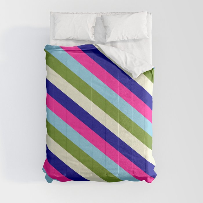 Vibrant Sky Blue, Green, Beige, Dark Blue & Deep Pink Colored Striped/Lined Pattern Comforter