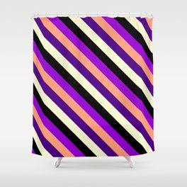 [ Thumbnail: Eye-catching Dark Violet, Light Salmon, Indigo, Light Yellow, and Black Colored Lined Pattern Shower Curtain ]