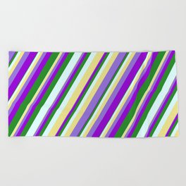 [ Thumbnail: Vibrant Tan, Purple, Dark Violet, Forest Green & Light Cyan Colored Stripes Pattern Beach Towel ]