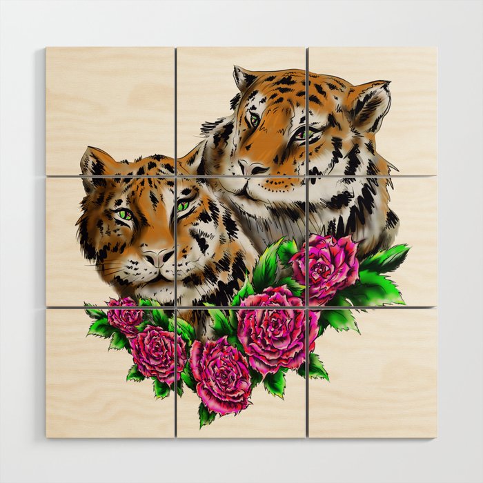 Tigers and flowers Wood Wall Art