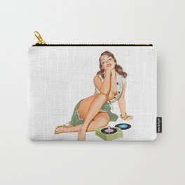 Vintage Pin Up Girl With Two Vinyls, A Green Skirt And Red Nails Carry-All Pouch | Girls, Popart, Up, Upgirl, Airforce, Sexy, Tattoo, Woman, Retro, Girl 
