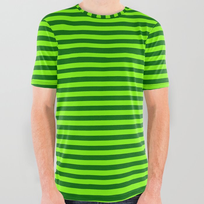 Green & Dark Green Colored Striped Pattern All Over Graphic Tee
