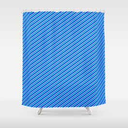 [ Thumbnail: Royal Blue, Cyan, Blue & Light Sky Blue Colored Pattern of Stripes Shower Curtain ]