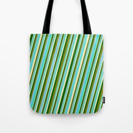 [ Thumbnail: Turquoise, Beige, Dark Green, Green & Sky Blue Colored Pattern of Stripes Tote Bag ]