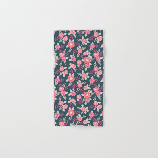 Ranunculus gardener garden floral flowers boho navy pink pastel cute pattern dorm college trendy Hand & Bath Towel