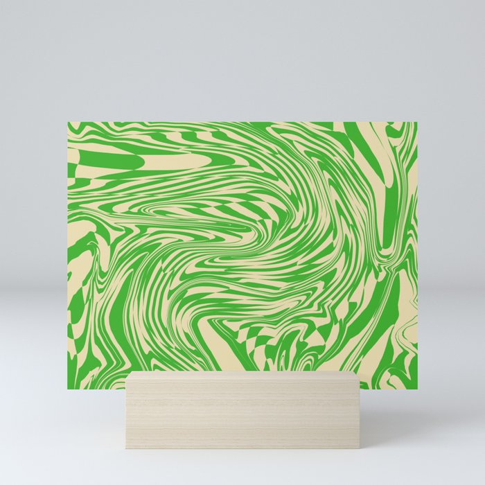 Psychedelic Warped Marble Wavy Checkerboard in Green and Cream Mini Art Print