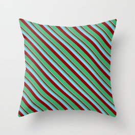 [ Thumbnail: Sky Blue, Dark Red & Sea Green Colored Striped Pattern Throw Pillow ]