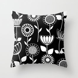 Cute Mid Century Modern Flowers - Black and White Throw Pillow