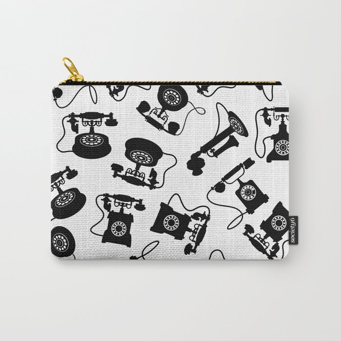 Black Vintage Rotary Dial Telephone Pattern on White Carry-All Pouch