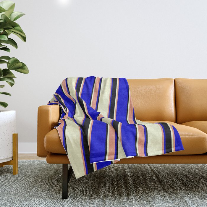 Light Yellow, Dark Salmon, Blue, and Black Colored Striped/Lined Pattern Throw Blanket