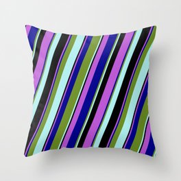 [ Thumbnail: Eyecatching Orchid, Dark Blue, Green, Turquoise, and Black Colored Stripes/Lines Pattern Throw Pillow ]