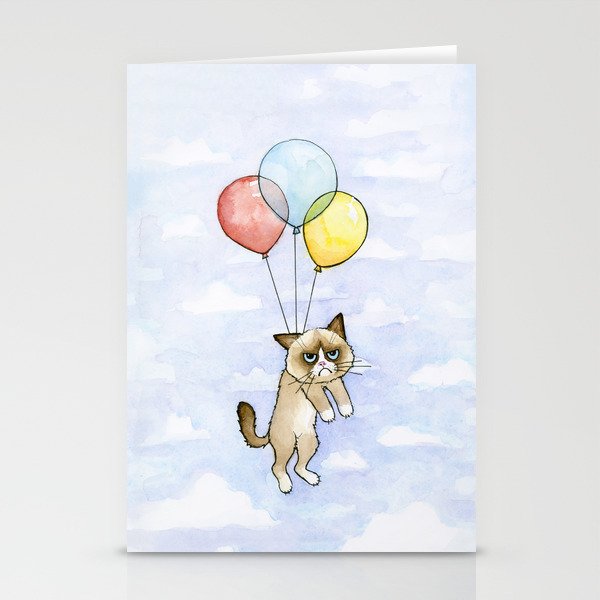 Cat With Balloons Grumpy Birthday Meme Stationery Cards